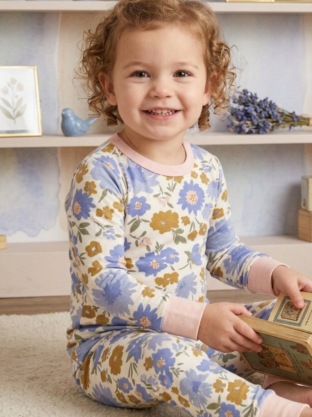 Girls' Blue and Gold Floral Pajama Set - Organic Style Snug Fit PJs